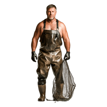 Fisherman in Waders Holding a Fishing Net Against a png