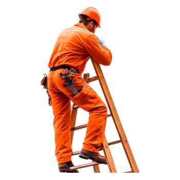 Construction Worker Climbing Wooden Ladder in Orange Safety Gear png