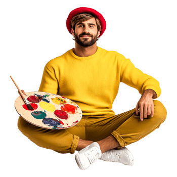 Creative Artist With Palette and Vibrant Outfit in Studio Setting png