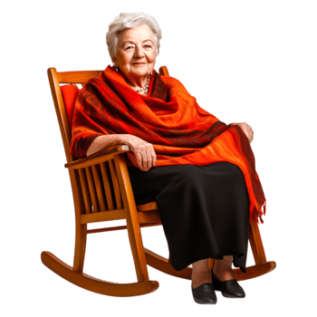 Elderly woman in rocking chair with vibrant shawl and warm smile png