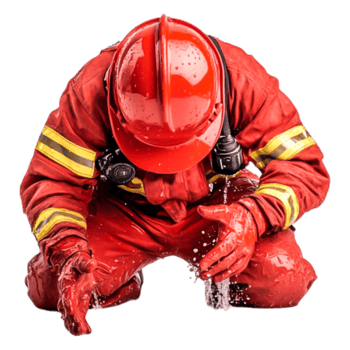 Firefighter in Red Suit Crouching with Water Splashing Action png