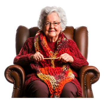 Elderly Woman Knitting Cozy Blanket with Bright Yarn in Armchair png
