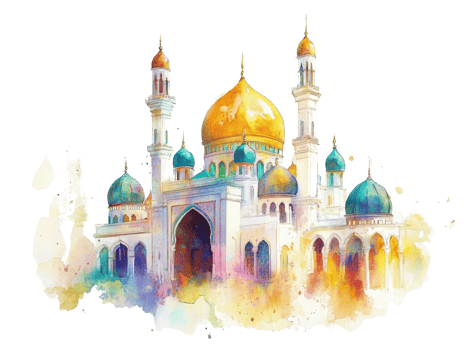 Watercolor Painting of a Majestic Mosque with Golden Domes png