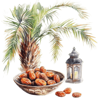 Watercolor Painting of Dates Palm and Lantern. isolated png
