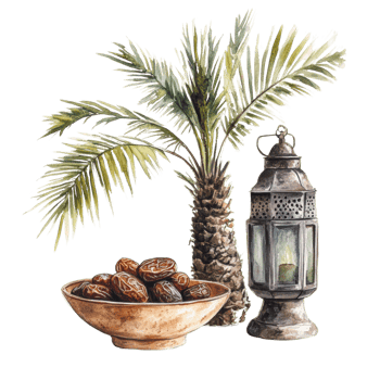 Watercolor Painting of Dates Palm and Lantern. cut out png