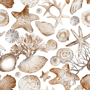 Seashell and starfish watercolor seamless Pattern. Marine ornament with underwater for wallpaper. Nautical Backdrop with corals for wrapping paper or textile design. png