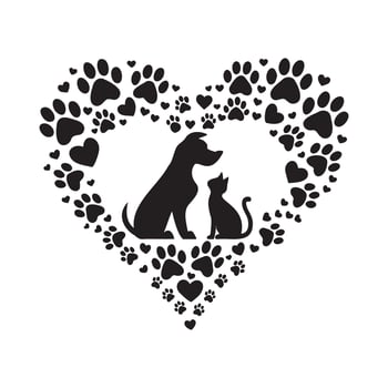 Dog and Cat Silhouette in Heart of Paw Prints and Love Symbols. vector