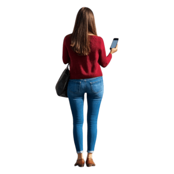 Young Woman Holding Smartphone in Casual Outfit from Back View png