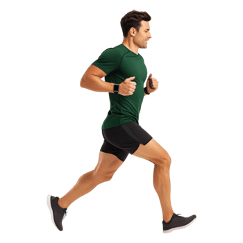 Man Running Outdoors in Green Shirt and Black Shorts with Smartwatch png