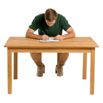 Young Man Sitting at Table Writing on Paper in Bright Room png