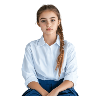 Young girl with braid in white shirt and blue skirt, serious expression png