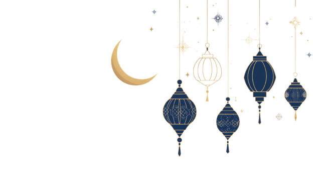 Crescent Moon and Elegant Lanterns Hanging in Night Sky png