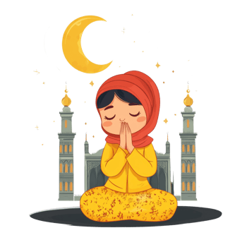 Young Girl Praying Before Mosque Under Crescent Moon png