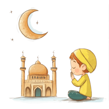 Young Boy Praying Near Mosque Under Crescent Moon png