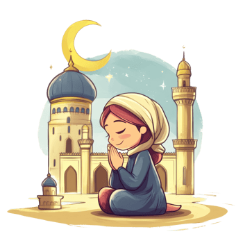 Young Girl Praying at Mosque Under Crescent Moon png