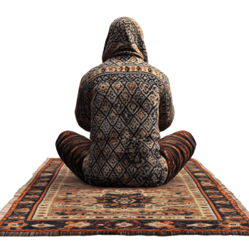 Hooded Person Meditates on Ornate Rug png