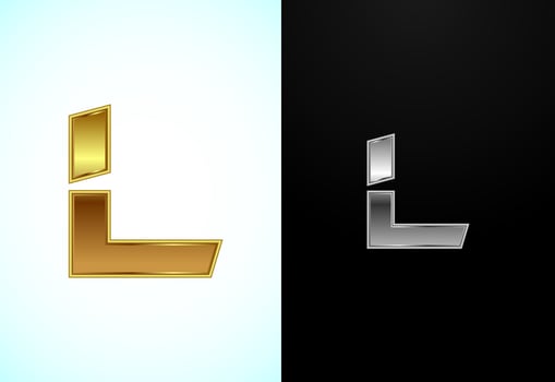 Creative English letter L in gold and silver color style. Graphic alphabet symbol vector