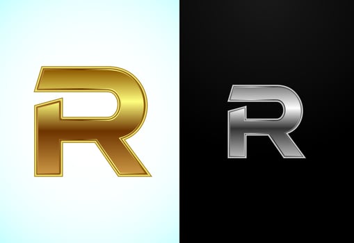 Creative English letter R in gold and silver color style. Graphic alphabet symbol vector
