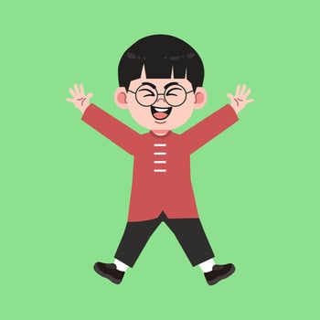 Cute Glasses Chinese Boy with Black Hair cartoon jump happy vector