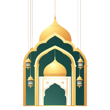 Elegant Mosque Entrance with Golden Domes and Lanterns png