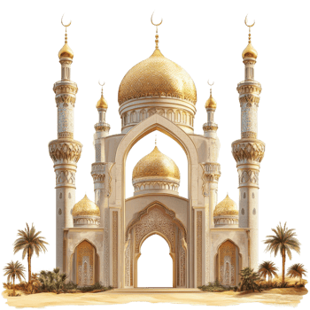Majestic Mosque Entrance Golden Domes Desert Oasis png