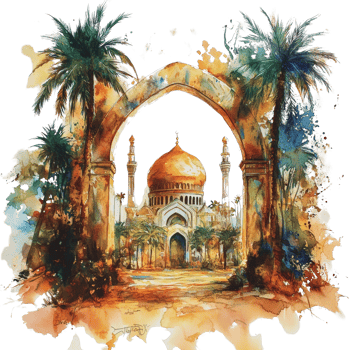 Golden Dome Mosque Viewed Through Archway With Palm Trees png