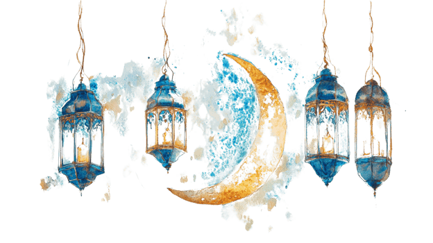 Watercolor painting of lanterns and crescent moon png