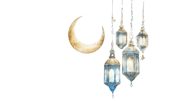 Crescent Moon and Ornate Hanging Lanterns Design png