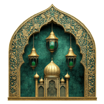 Ornate Golden Archway with Lanterns and Mosque Model png