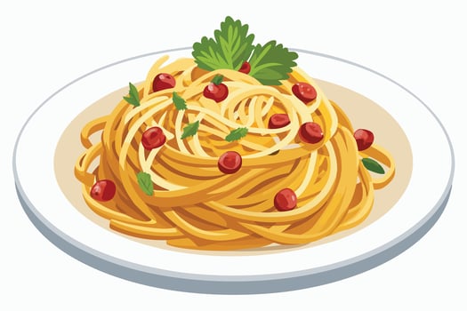 Delicious spaghetti dish with red sauce and herbs. vector