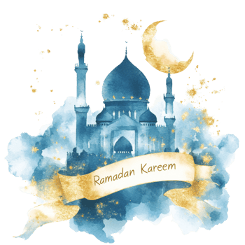 Ramadan Kareem Watercolor Mosque Moon Stars Design png