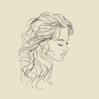 line art of a womans curly hairstyle, flowing natural curls, drawn with thin black lines, minimal and flat style, centered on a solid white background vector