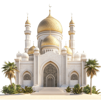 Majestic Mosque Architecture Golden Domes Palm Trees png