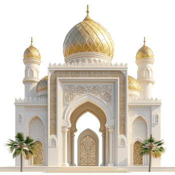 Elegant Mosque Facade with Golden Domes and Palm Trees png