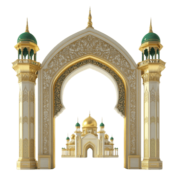 Ornate Archway Framing a Golden Mosque Building png