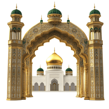 Ornate Golden Archway Framing a Majestic Mosque. isolated png