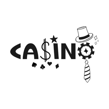 Casino word stylized with gambling-themed elements. Dollar sign, poker chip, top hat, tie, card suits. Gaming, betting, luxury entertainment concept. vector