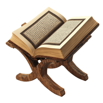 Quran open on a wooden stand displaying arabic script png