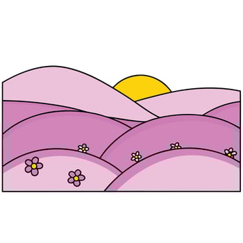 Purple Hills Sunset Landscape, Rolling Meadows, Spring Flowers vector