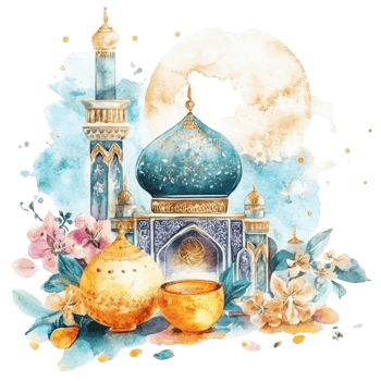 Watercolor Painting of Mosque with Flowers and Bowls png