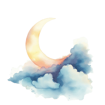 Watercolor Painting of a Crescent Moon on Clouds png