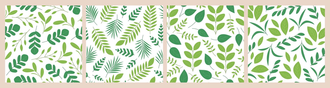 Branches and leaves seamless patterns set. Green collection with different foliage on white background. Summer or spring garden, forest. Flat illustration for wallpaper, textile, packaging vector