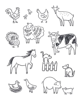 Farm animals doodle set illustration vector