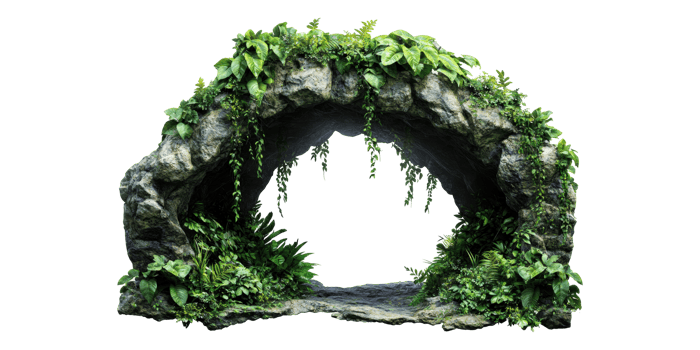 Natural rock arch with lush green vines isolated on transparent background png