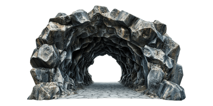Rocky tunnel entrance with stone path isolated on transparent background png