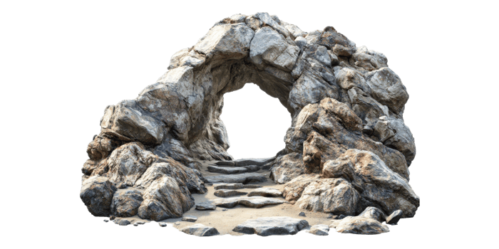 Rocky cave entrance with stone pathway isolated on transparent background png