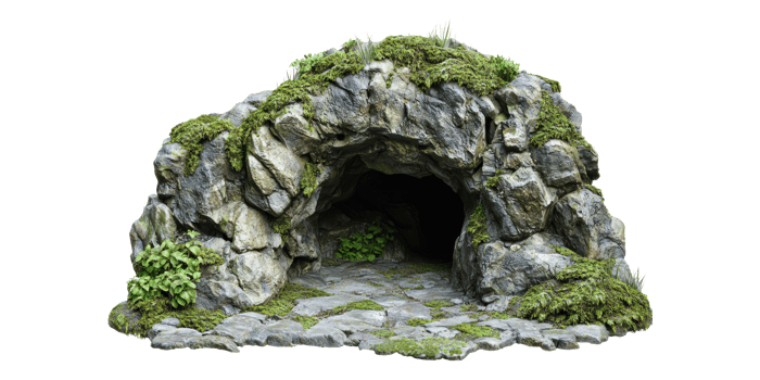 Rocky cave entrance covered with moss isolated on transparent background png