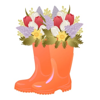 Illustration with flowers with orange rubber boots. Tulips, gladiolus, geocynths or lilacs on White background. vector