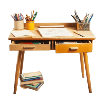 Isolated Writing Desk with Scattered Items png