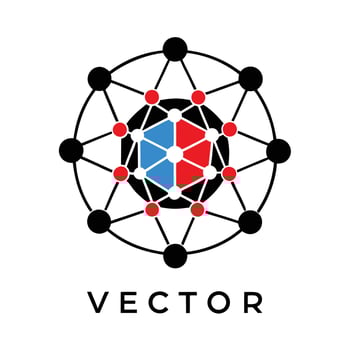 Geometric logo design, circular network pattern, interconnected nodes, red and blue triangles, black and white circles vector